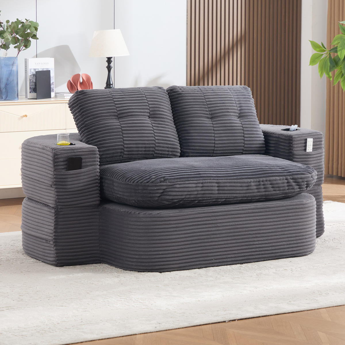 SOFA 2-in-1 mit Liegefunktion und Getränkehaltern aus Cord Dunkelgrau - Dunkelgrau, Textil (165/61/97cm) - EVRYAE