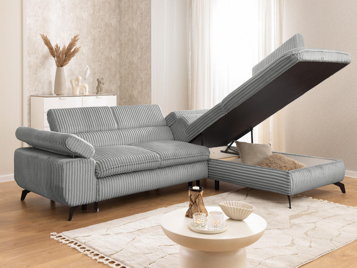 ECKSOFA mit Schlaffunktion und Bettkasten Bonnie aus Hellgrau Cord-Stoff mit verstellbaren Kopfstützen und Armlehne - Ottomane rechts - Hellgrau/Schwarz, Holz/Textil (275/210cm) - S-Style Möbel