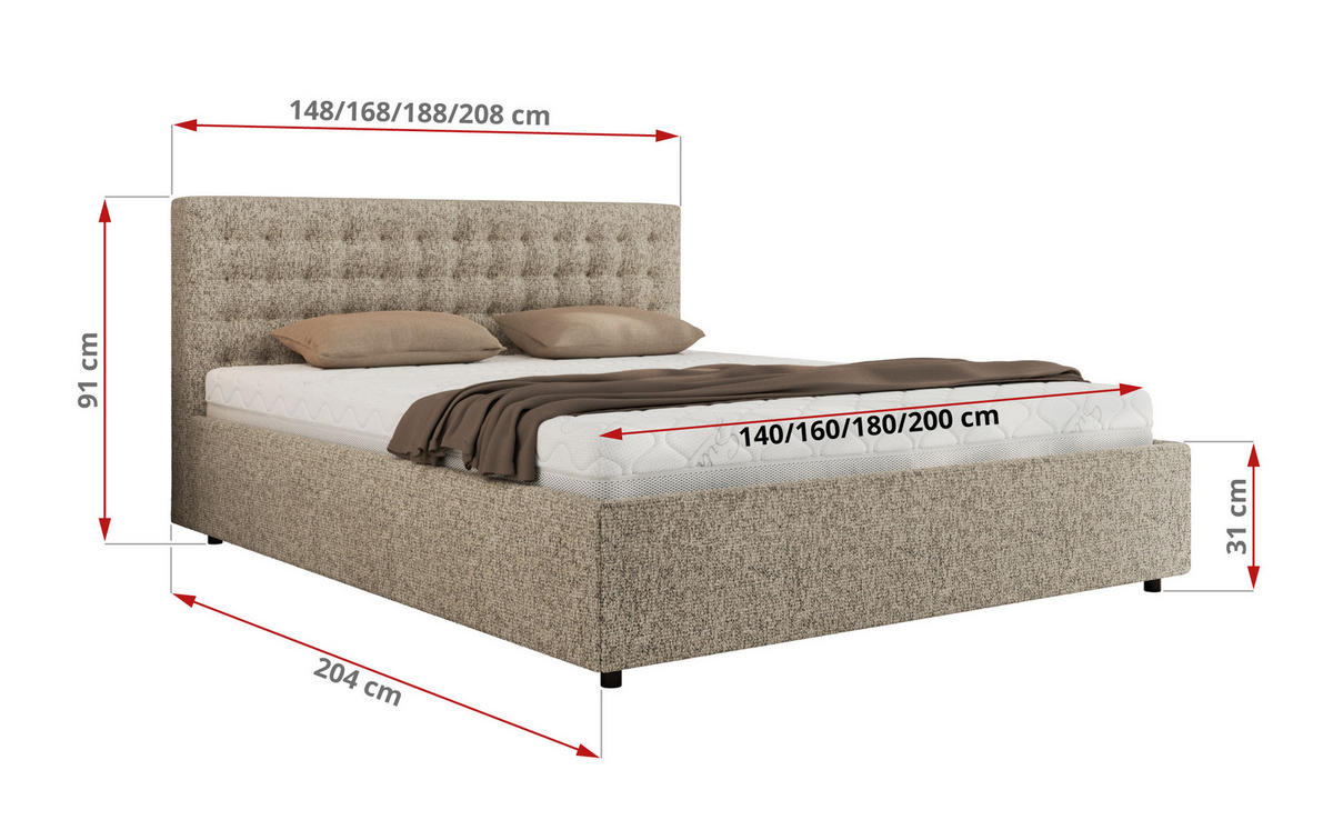 POLSTERBETT PAVO CLASSIC 180/200 - Dunkelbeige Strukture - Multipocket-Matratze - Taupe, Textil (180/200cm) - MKS