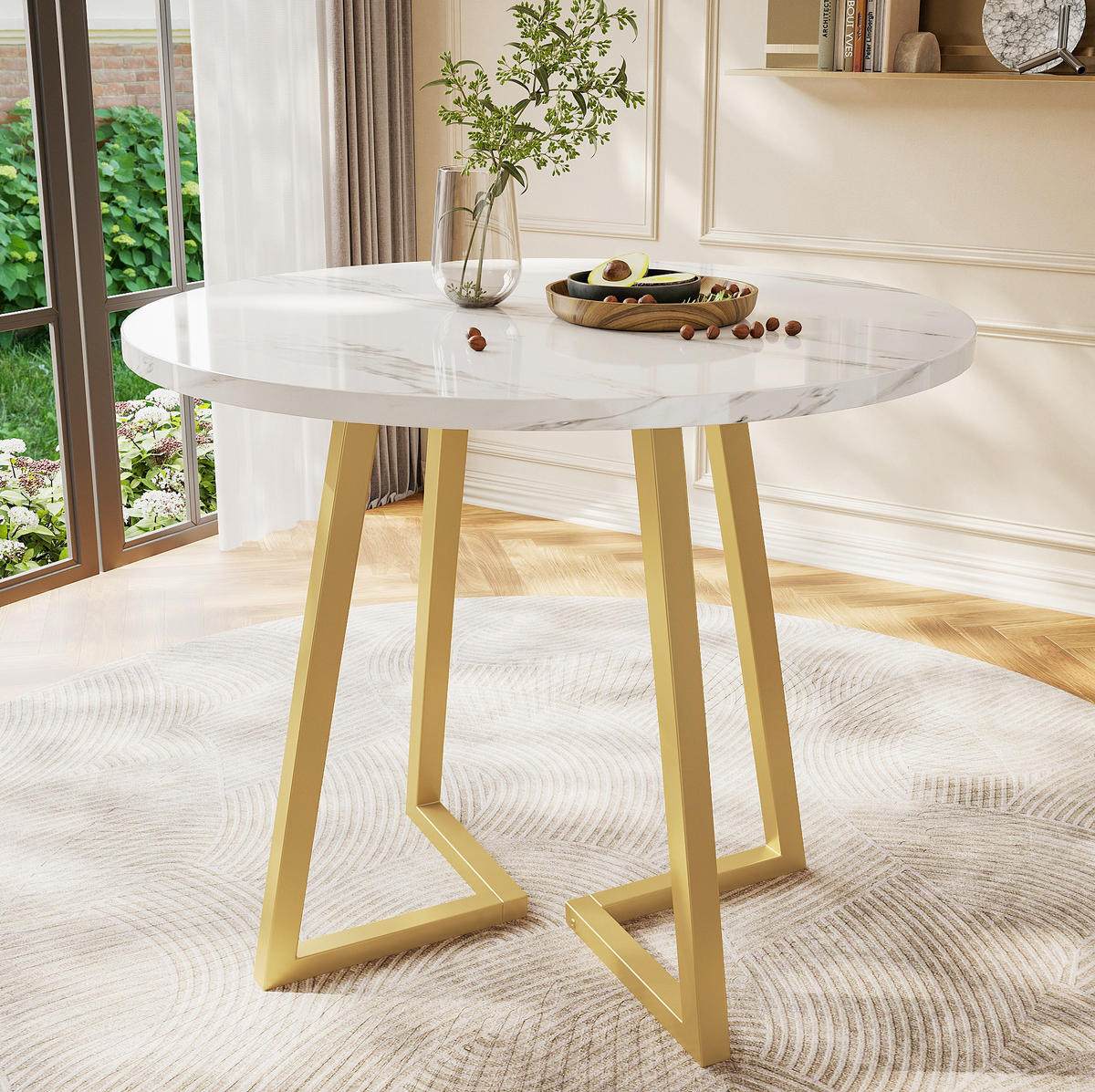 JEDÁLENSKÝ stôl MDF 80 cm biely s mramorovým dekorom a kovovou podnožou - biela, kompozitné drevo (80/80/75cm) - BEAOK