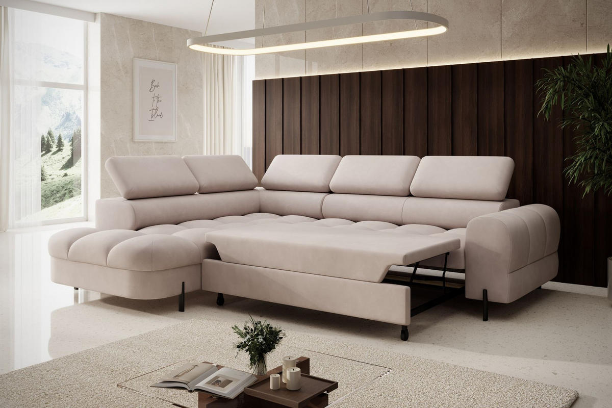 ECKSOFA BOWL L Links mit Schlaffunktion 125x195 Velours Creme - Creme/Schwarz, Holz/Textil (260/195cm) - Muffo