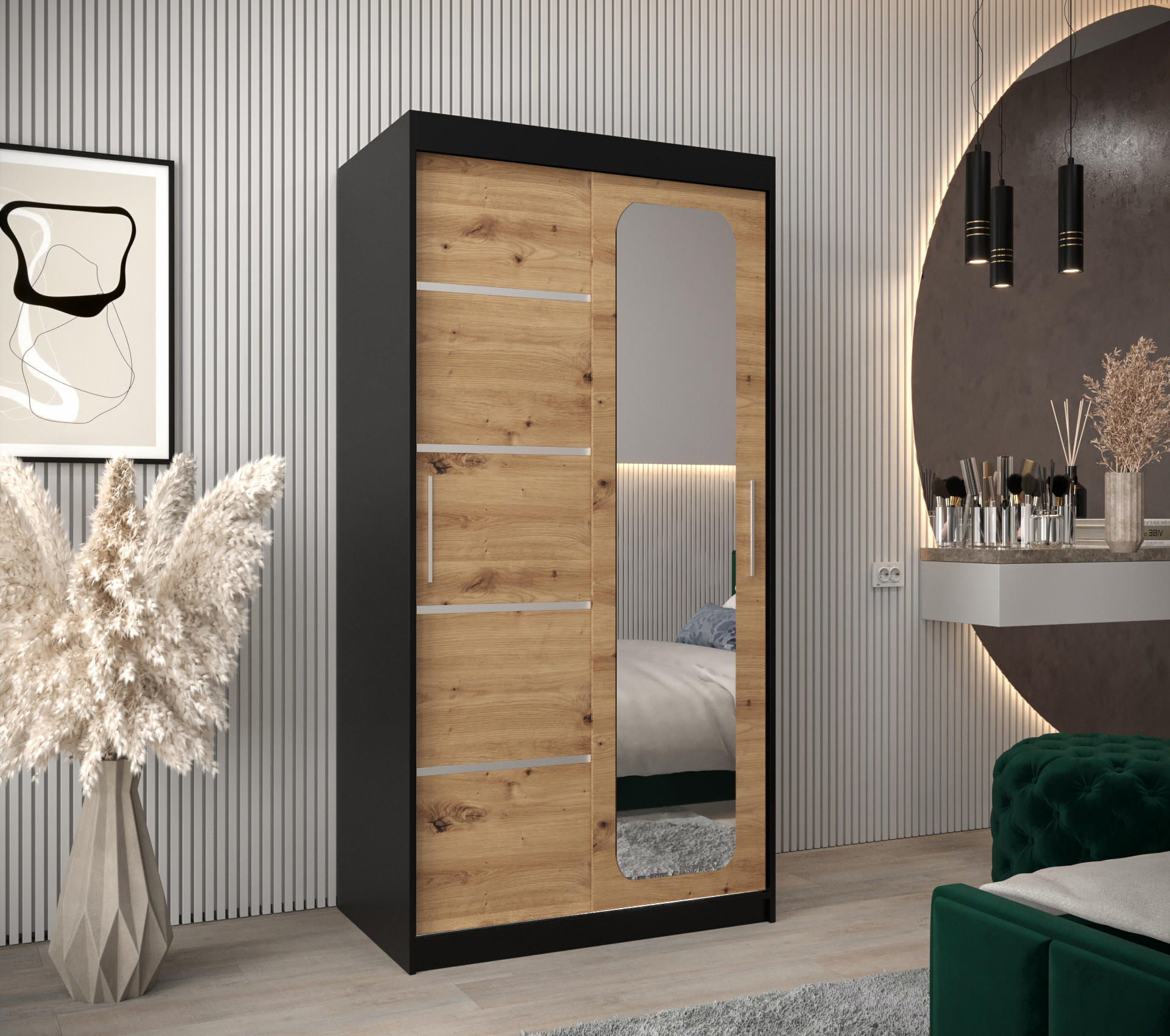SCHWEBETÜRENSCHRANK 200/100/62 2-türig - Silberfarben/Schwarz, Holz/Kunststoff (100/200/62cm) - Abiks Möbel