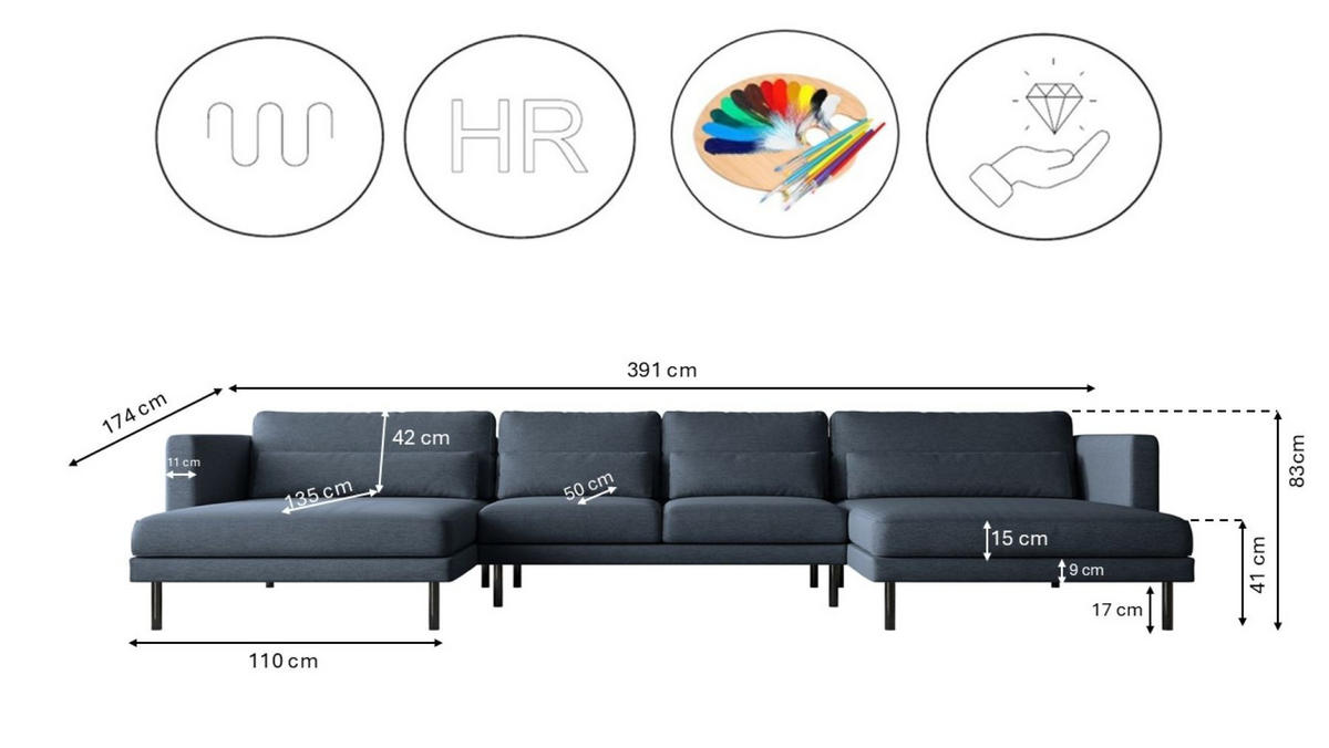 ECKSOFA DANI In U-Form Stilvolles Stoff Verita Marineblau - Dunkelblau, Holz/Textil (174/391cm) - Kaiser Möbel