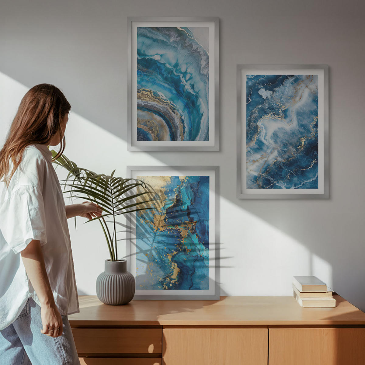 BILDER SET 3er Set - 40x60 cm Silberner Rahmen - Blaue abstrakte Muster - Silberfarben, Kunststoff (40/60cm) - TULUP