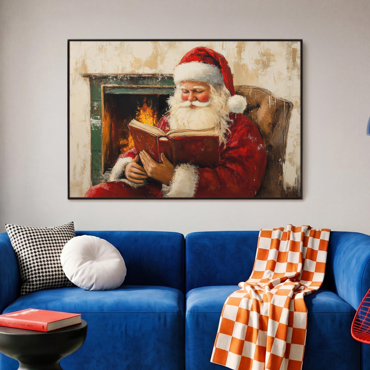 LEINWAND Bilder mit Rahmen - Weihnachten - Weihnachtsmann - Winter - Open Fireside - 90x60 - Dunkelrot, Textil (90/60cm) - MuchoWow