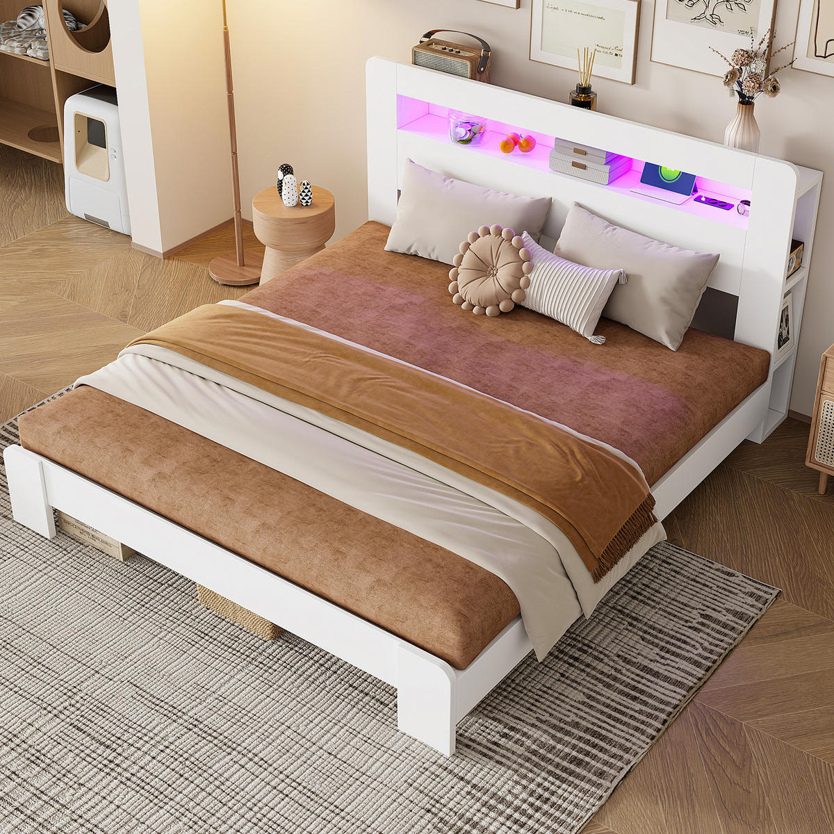 RAHMENBETT 180/200 cm in Weiß mit Stauraum, LED und Steckdosen - Weiß, Holz/Holzwerkstoff (180/200cm) - WISHDOR