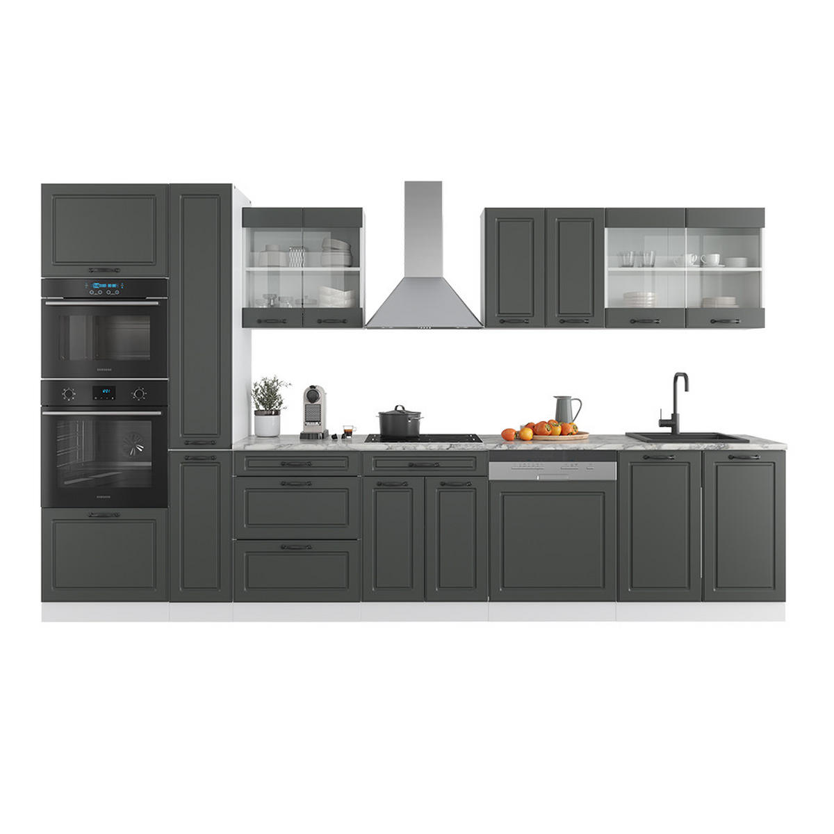 KÜCHENZEILE R-Line Anthrazit Landhaus/Weiß 350 cm mit Hochschrank AP Anthrazit - Anthrazit/Weiß, Holzwerkstoff (350/81.6/60cm) - Vicco