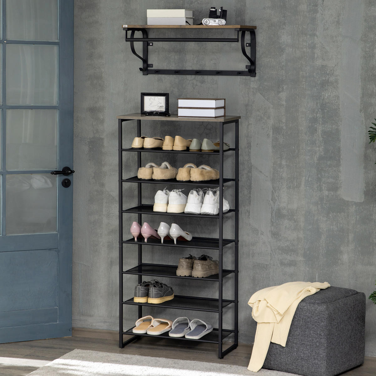 SCHUHREGAL mit 8 Ebenen für 21 Paar Schuhe, obere Ablage in Holzoptik, 60 x 28,5 x 126 cm, Schwarz - Schwarz, Holzwerkstoff (60/126/28.5cm) - HOMCOM
