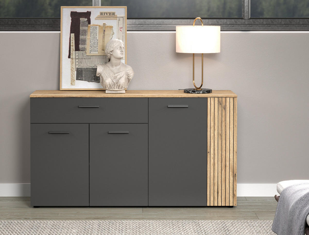 SIDEBOARD grau, Evoke Eiche 150 cm, Kommode 4-türig - Eichefarben/Schwarz, Holzwerkstoff/Kunststoff (150/83/32cm) - Top.Furn