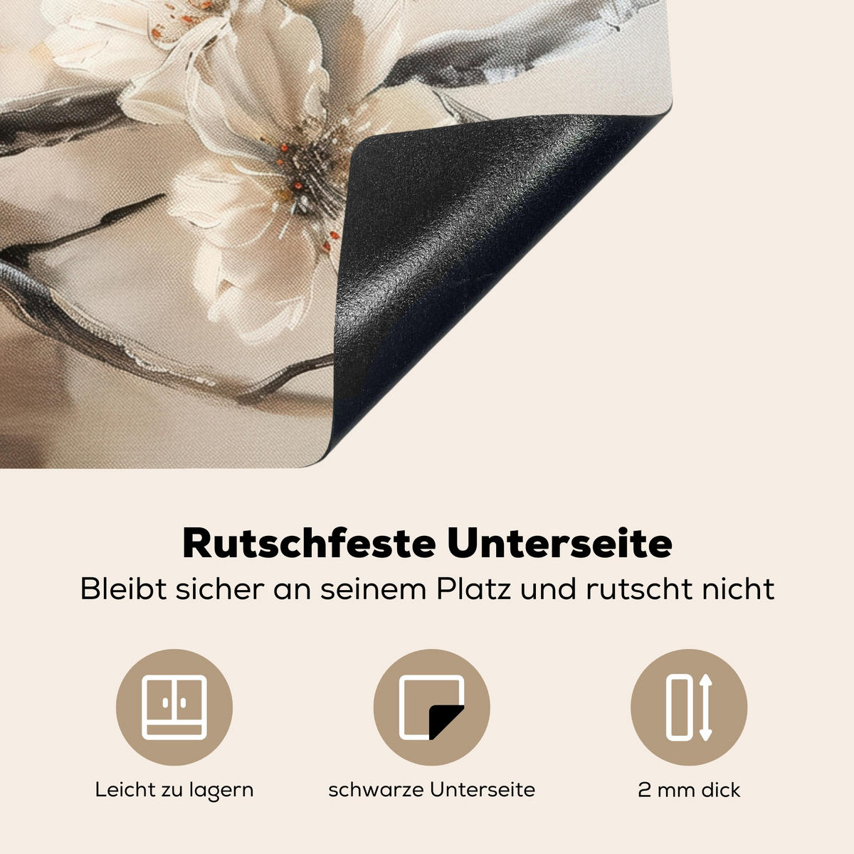 HERDABDECKPLATTE Blumen - Abstrakt - Gemalt - Beige 81x52 cm - Beige, Kunststoff (81/52/0.2cm) - MuchoWow