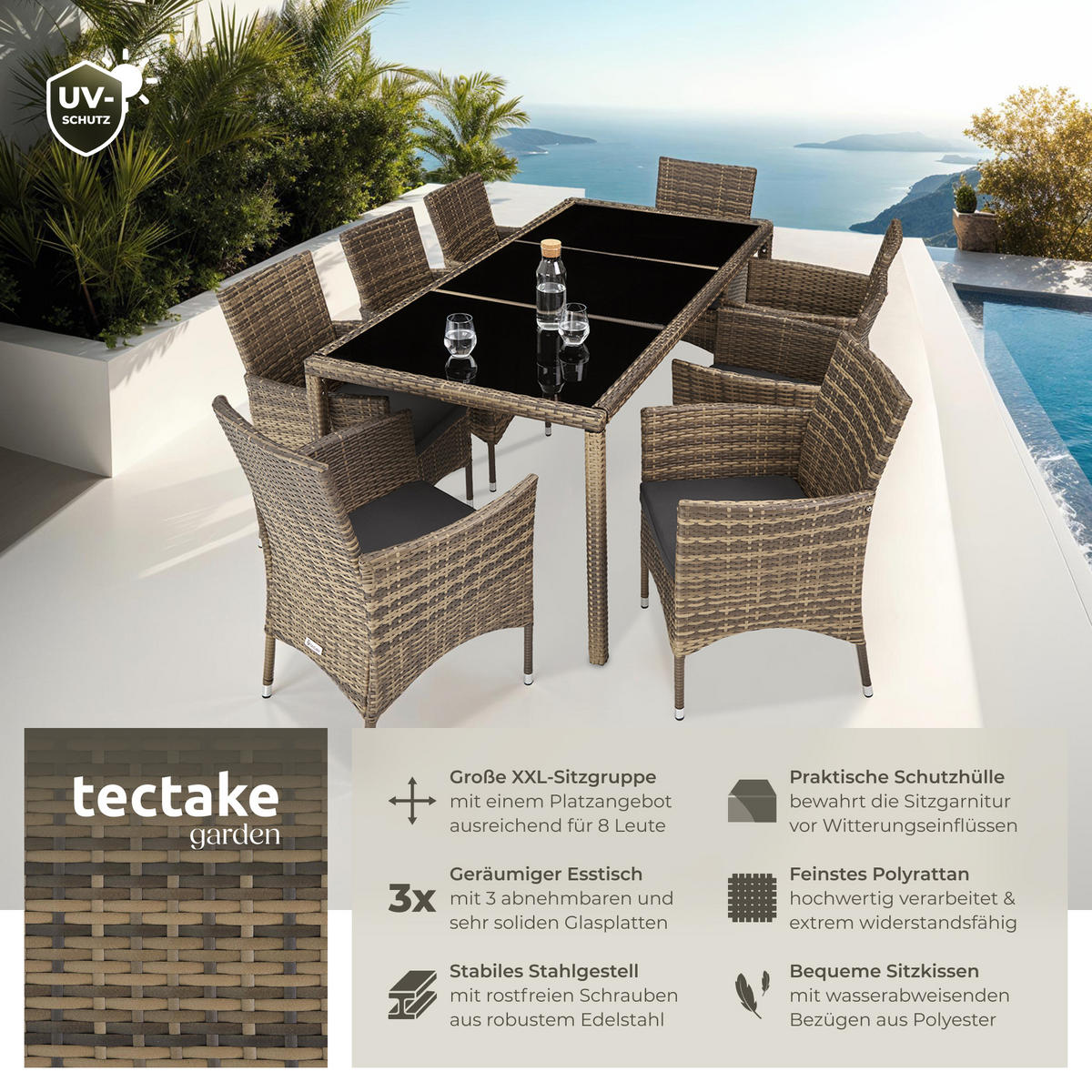 RATTAN SITZGRUPPE Almansa,inklusive Schutzhülle,natur/dunkelgrau - Naturfarben, Kunststoff - tectake