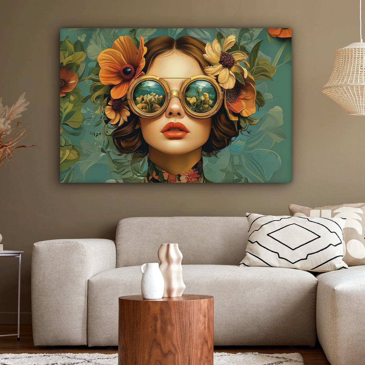 LEINWANDBILD Frau - Blumen - Schmetterlinge - Natur - Vintage Groß 140x90 cm - Salbeigrün, Textil (140/90cm) - MuchoWow