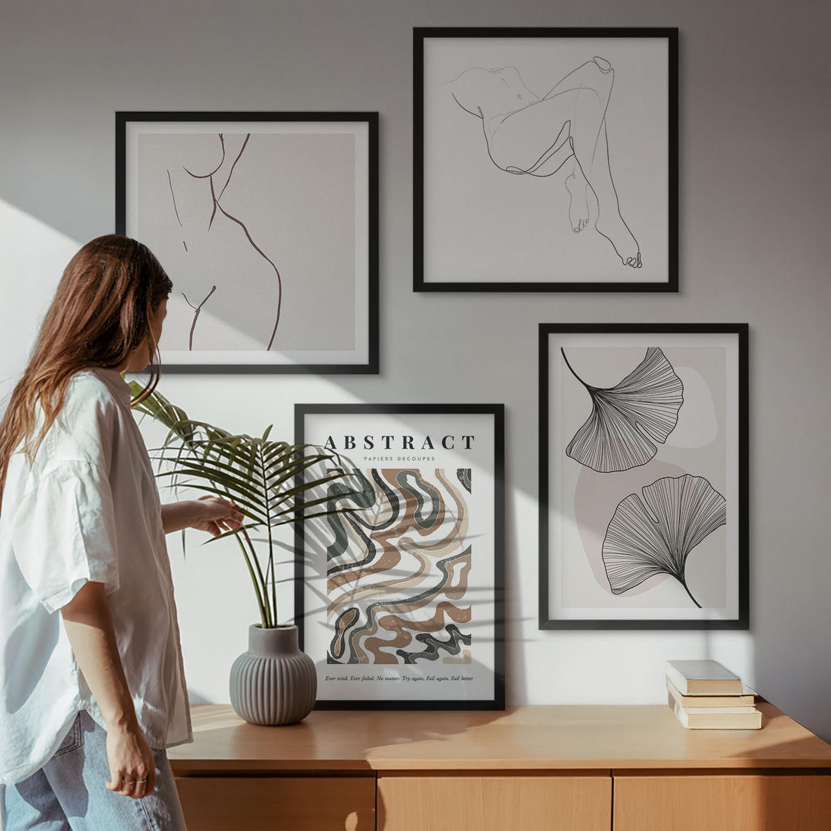 BILDER SET 4er Set - 50x50 cm & 40x60 cm Schwarzer Rahmen - Abstrakte Boho-Blattformen - Schwarz, Kunststoff (50/50cm) - TULUP