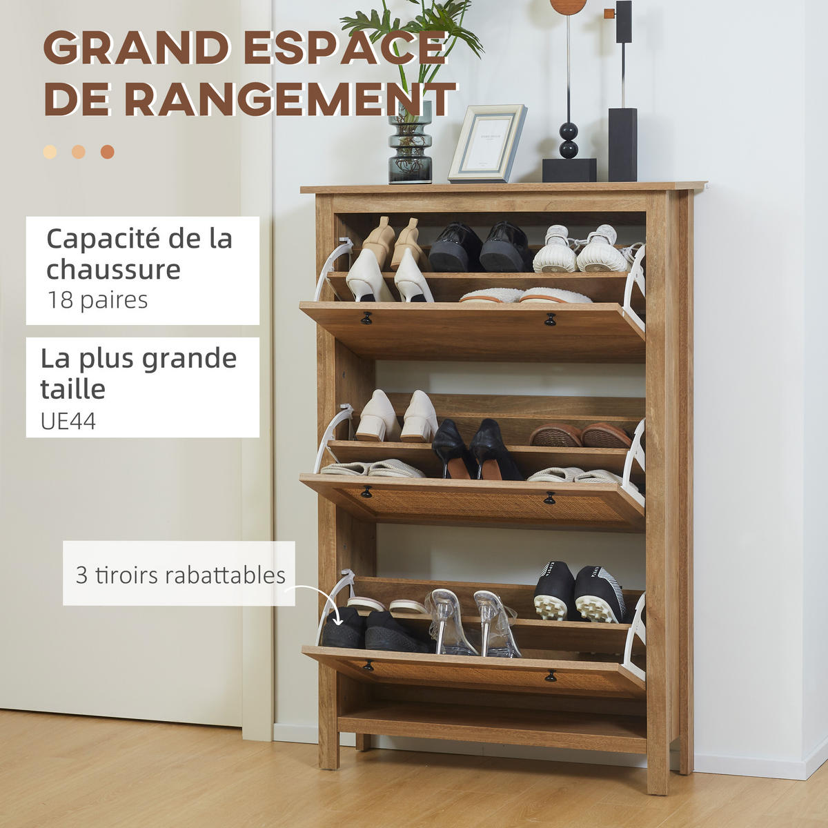 SCHUHSCHRANK DE-14986 3 Klapptüren mit Rattan-Optik Naturholz - Naturfarben, Holzwerkstoff (80/121.5/23.5cm) - ComfortXL
