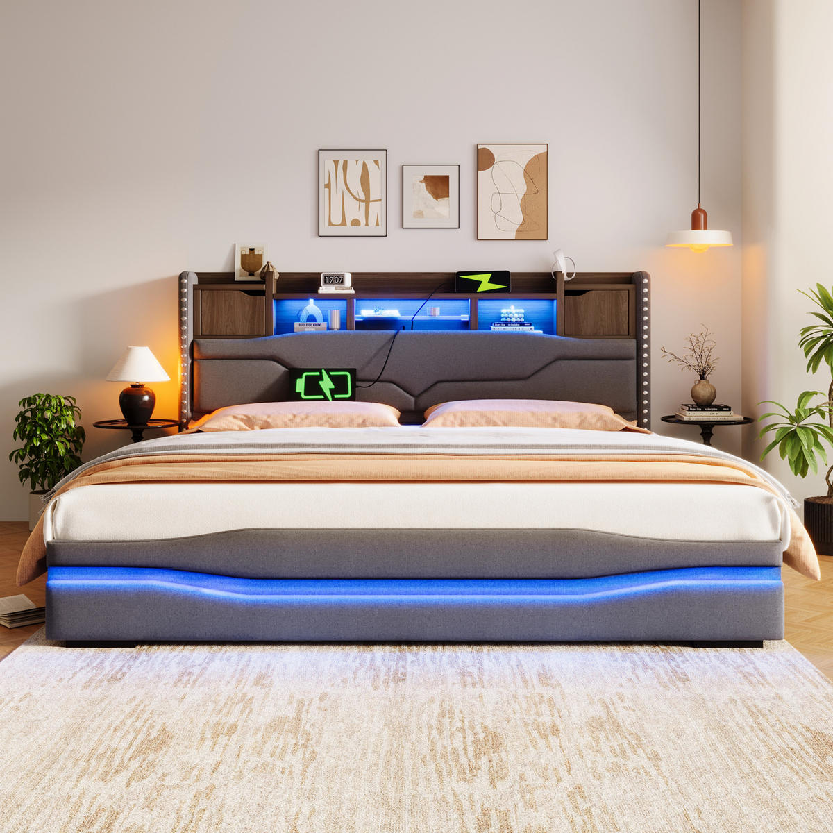 POLSTERBETT 180x200 cm LED USB grau - Grau, Textil (180/200cm) - LEBENLANG