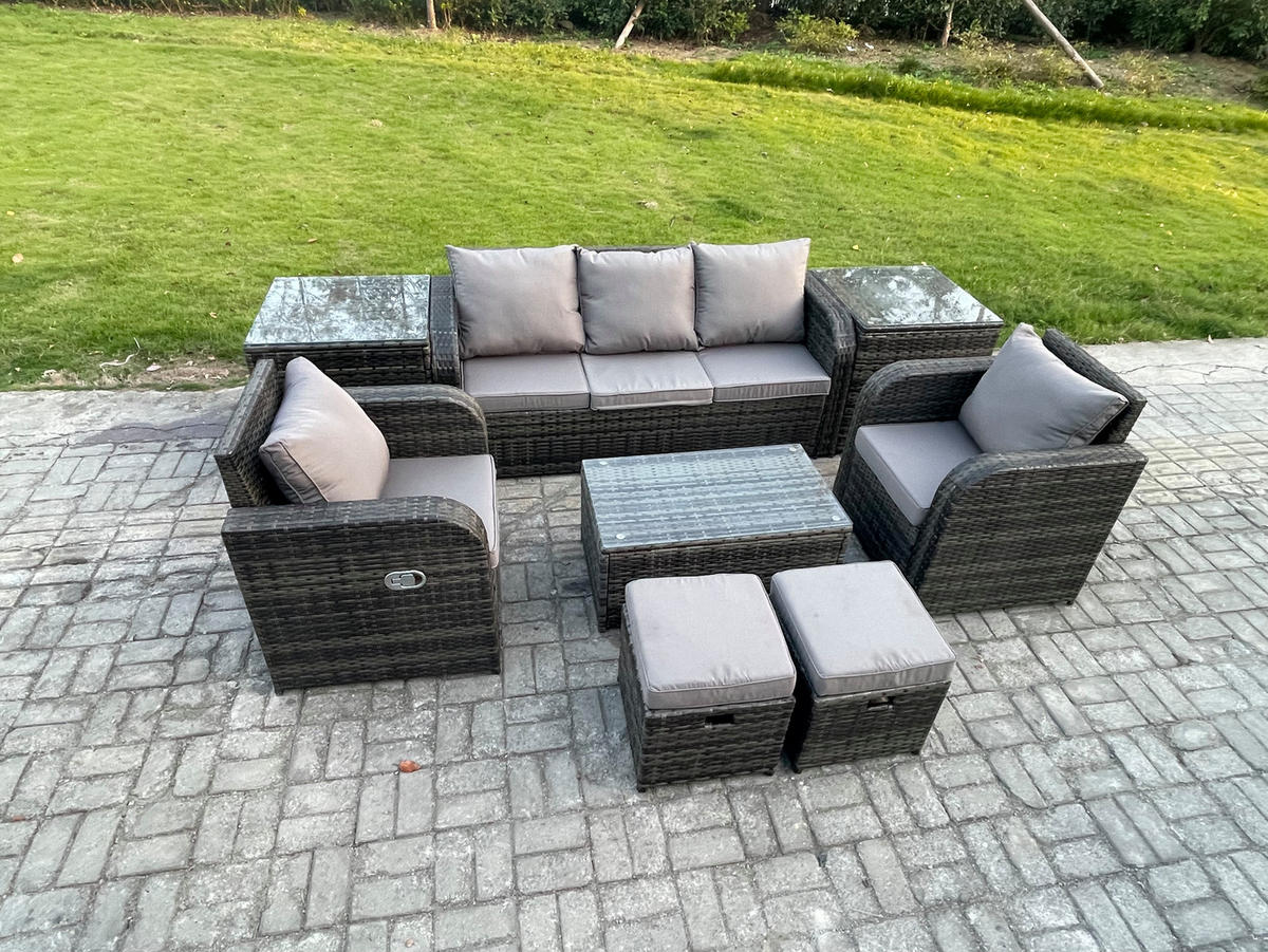 GARTENMÖBELSET mit Couchtisch Polyrattan 7-Sitzer - Dunkelgrau/Grau, Glas/Kunststoff - Fimous