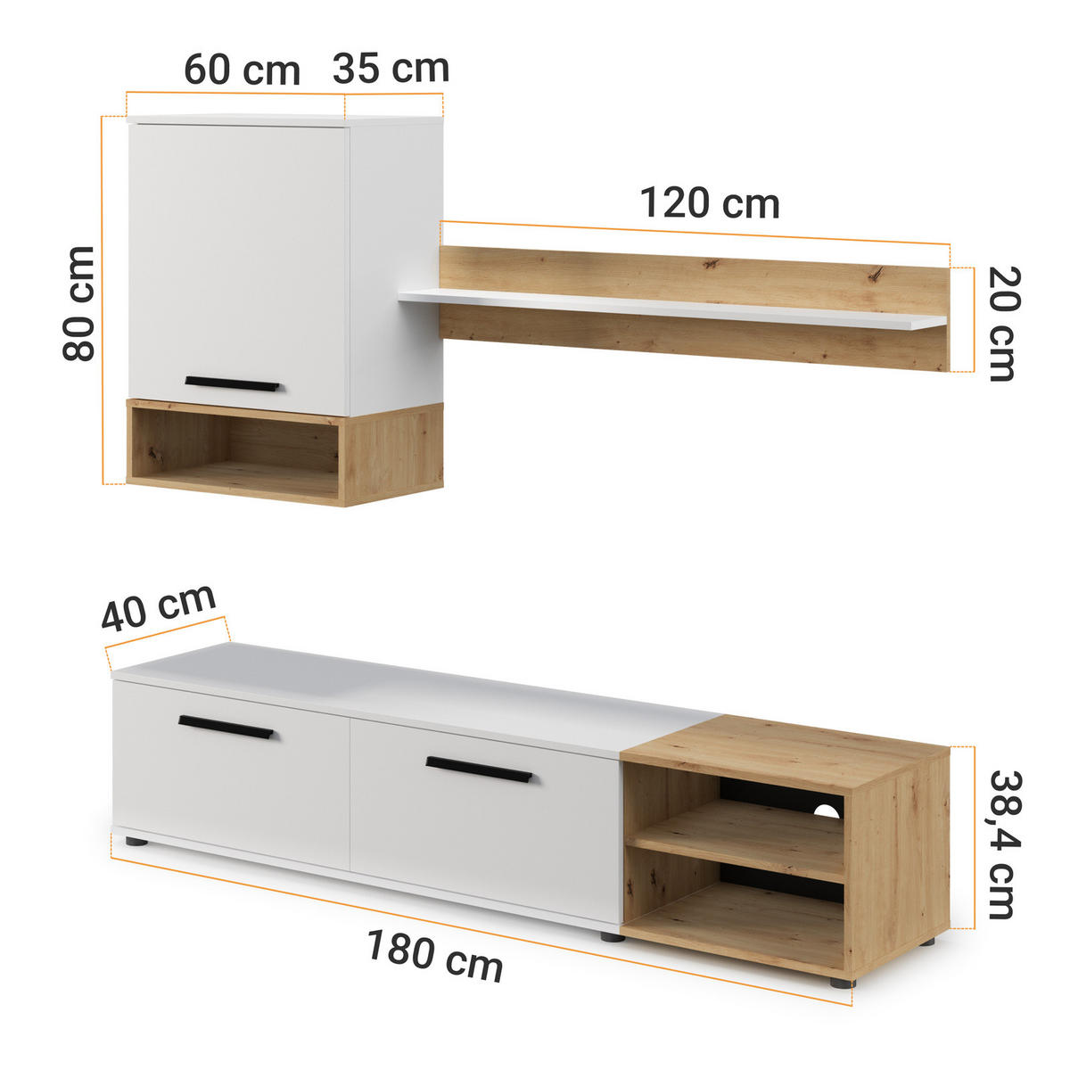 WOHNWAND Vento 180 cm breite 3-teilig Weiß und Artisan Eiche - Schwarz/Weiß, Holzwerkstoff/Kunststoff (180/119/40cm) - Ravio