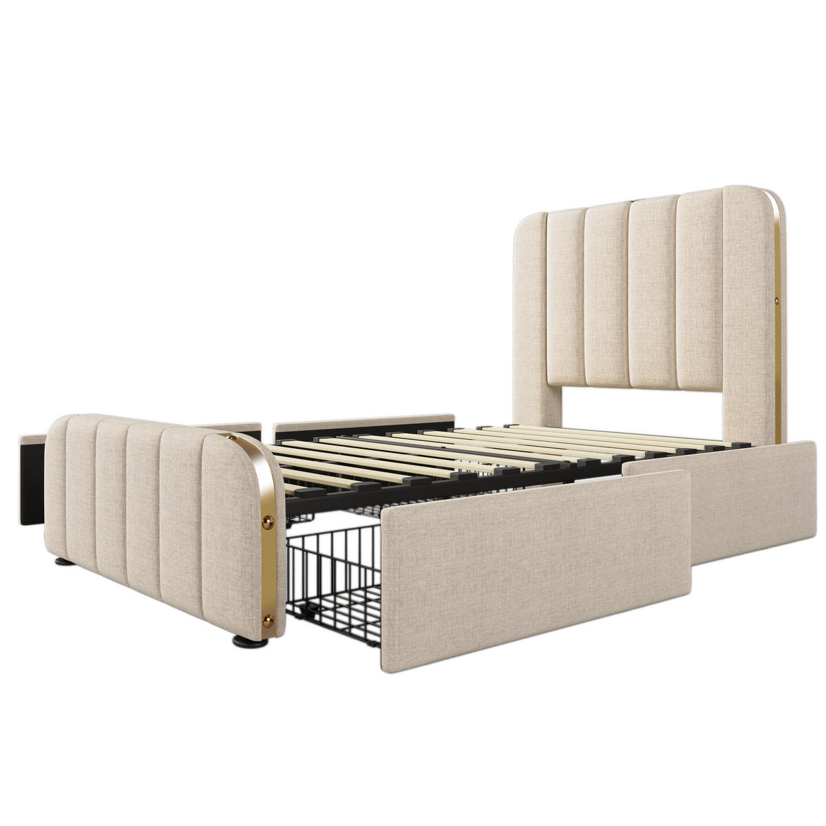 POLSTERBETT 90/200 cm aus Leinen mit USB- und USB-C-Anschluss, 4 Schubladen und Matratze, Beige - Beige, Textil (90/200cm) - Redom