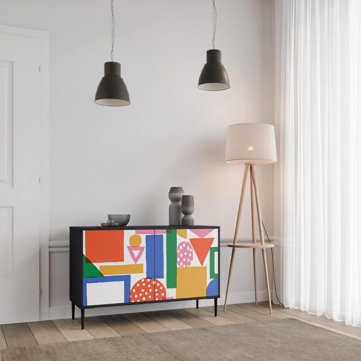 SIDEBOARD GEOMETRIC GLIMMER, Eicheneffekt, 111x42x77,5 cm, 2 Türen - Eichefarben/Buchefarben, Holzwerkstoff/Buchenholz (111/77.5/42cm) - SpaceRebels