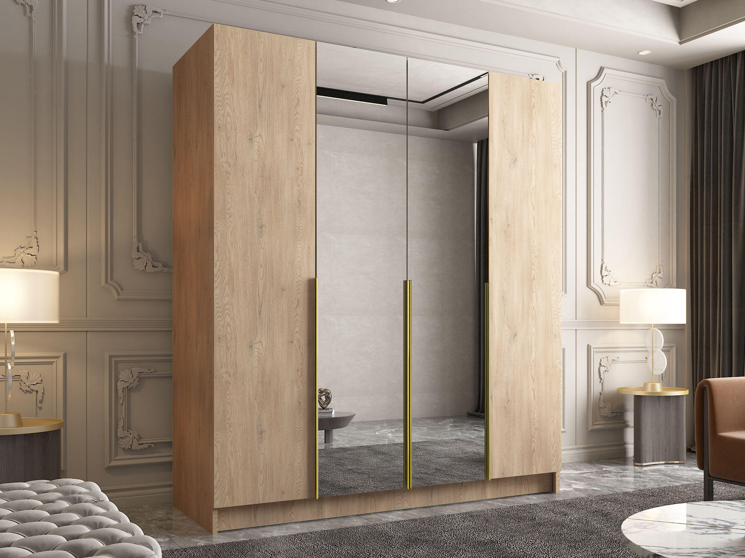 KLEIDERSCHRANK Santi II - Eichefarben/Goldfarben, Holzwerkstoff/Metall (200/215/58cm) - MIRJAN24