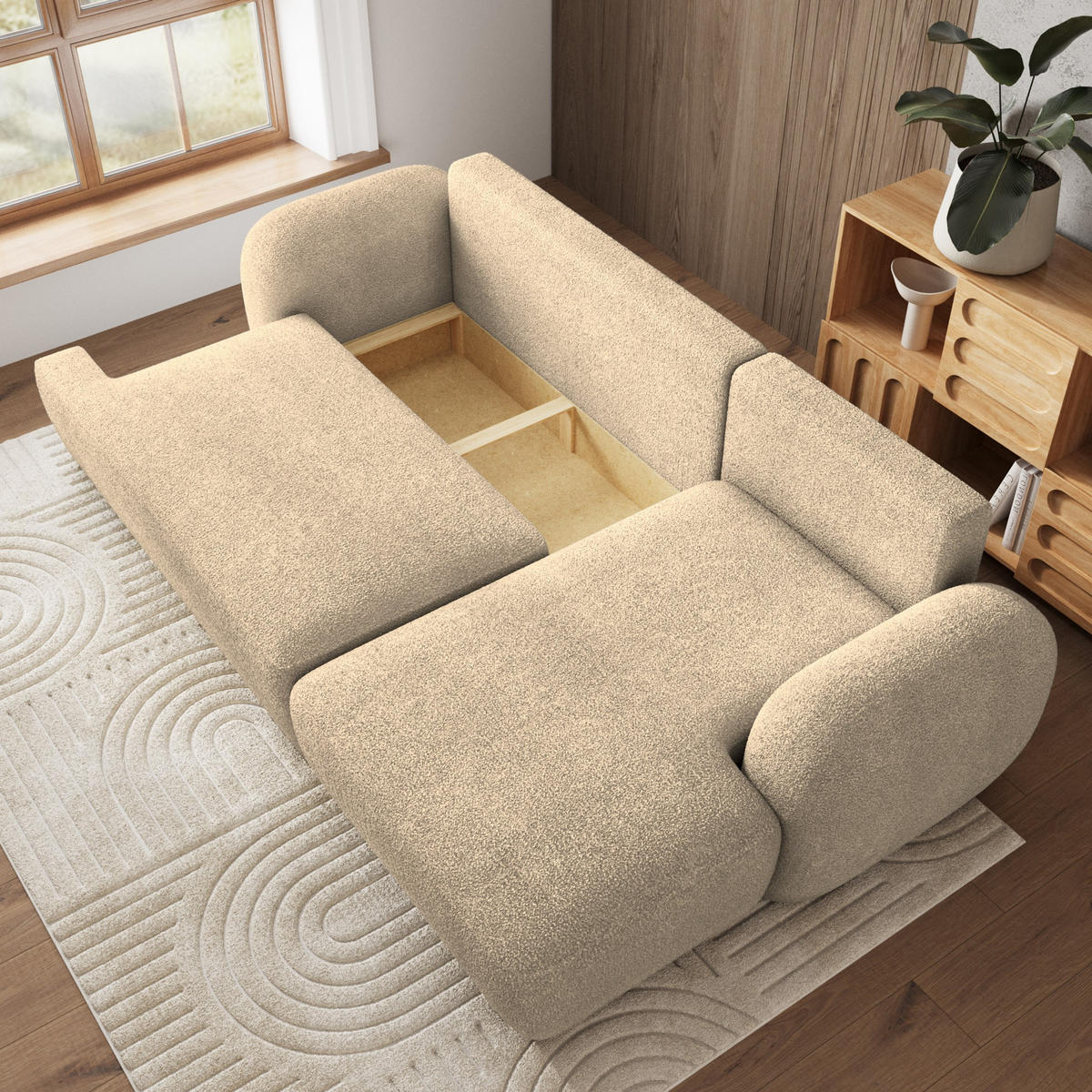 ECKSOFA MODENZA N R-S Creme Boucle-Stoff mit Schlaffunktion - Creme, Holz (266/148cm) - MASSENO