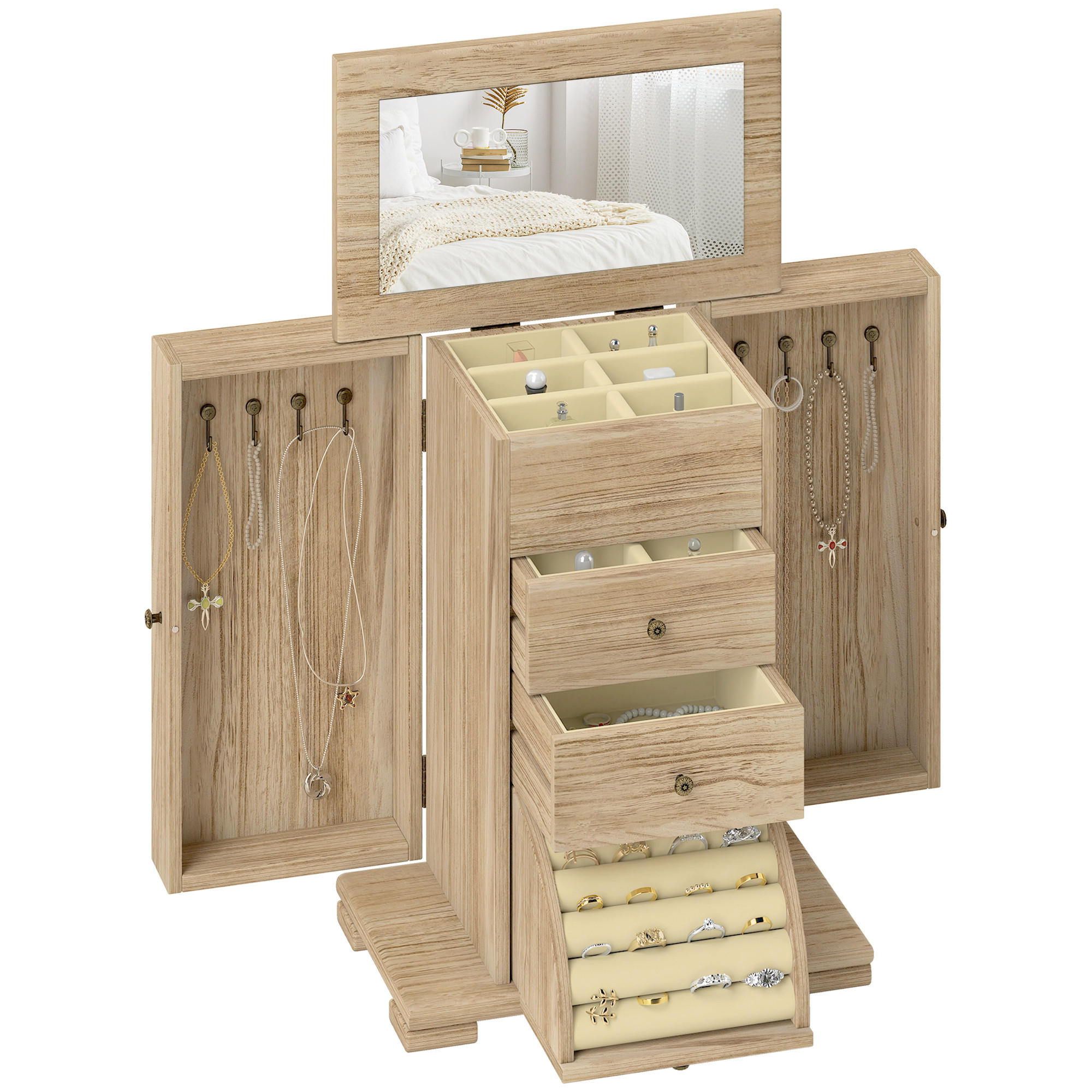 SCHMUCKKASTEN DE-18303 4-stöckig mit Spiegel & 2 Schubladen Braun - Braun, Holzwerkstoff (16/33.5/26.5cm) - ComfortXL