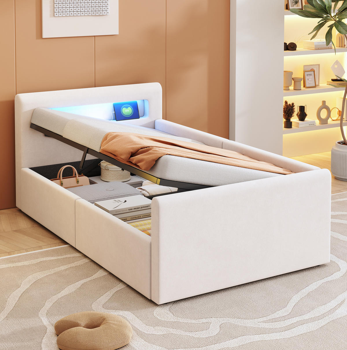 KINDER-POLSTERBETT aus Samt 90x200 cm Beige mit LED, USB-Anschluss und hydraulischem Bettkasten - Beige, Textil (90/200cm) - IVMEU