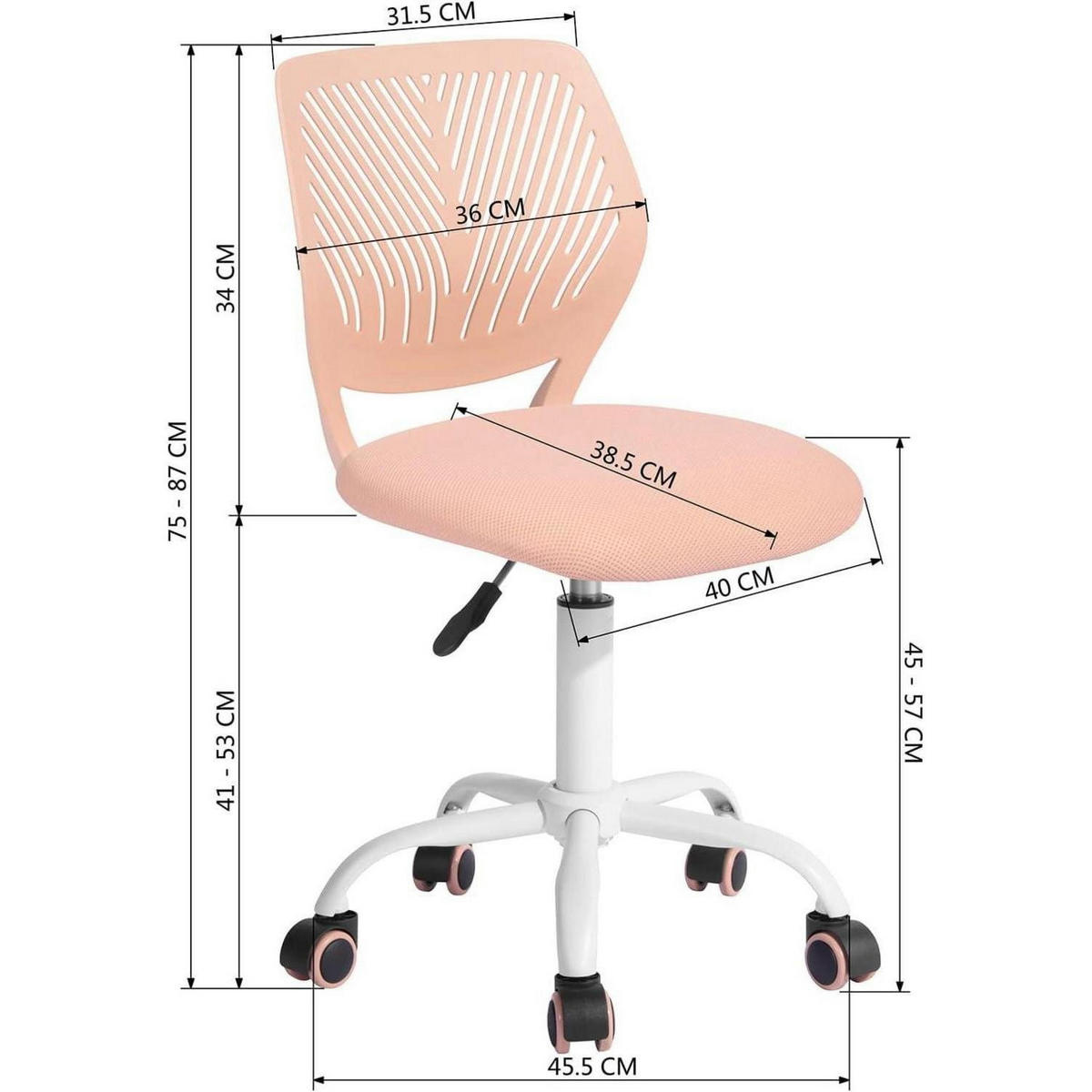 BÜROSTUHL Stoff Hellrosa Höhenverstellbar 75-87cm - Rosa, Textil (38.5/87/40cm)
