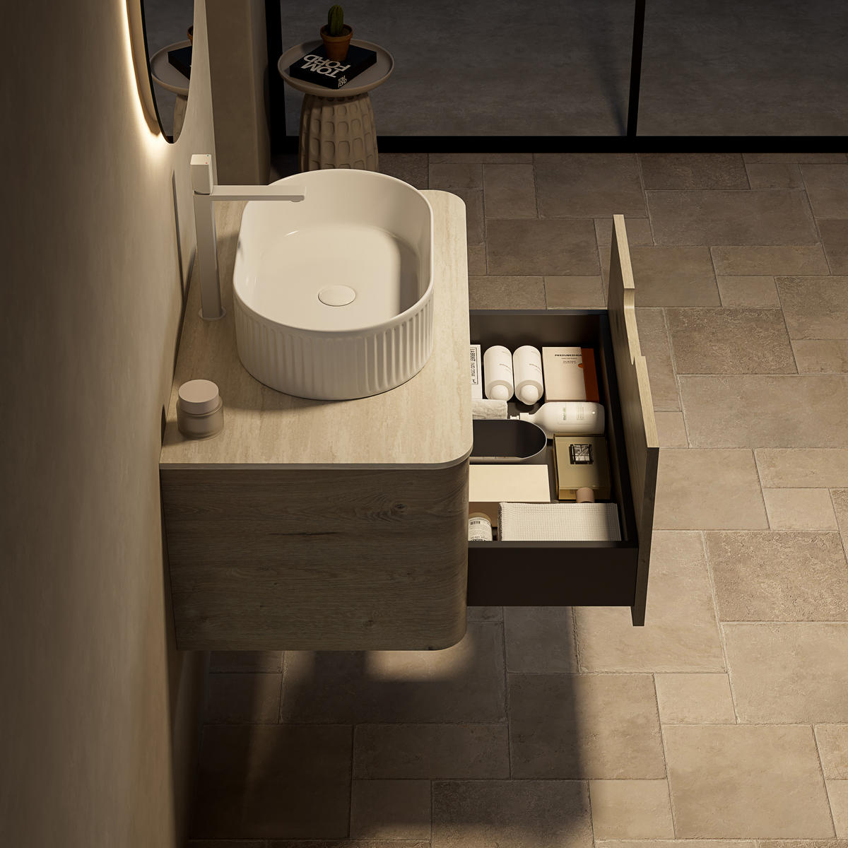 WASCHTISCHUNTERSCHRANK 80x46x50.2cm Beige/Weiß mit ovalem Keramikbecken & Travertin-Arbeitsplatte - Creme, Keramik (80/50.2/46cm) - Modfu