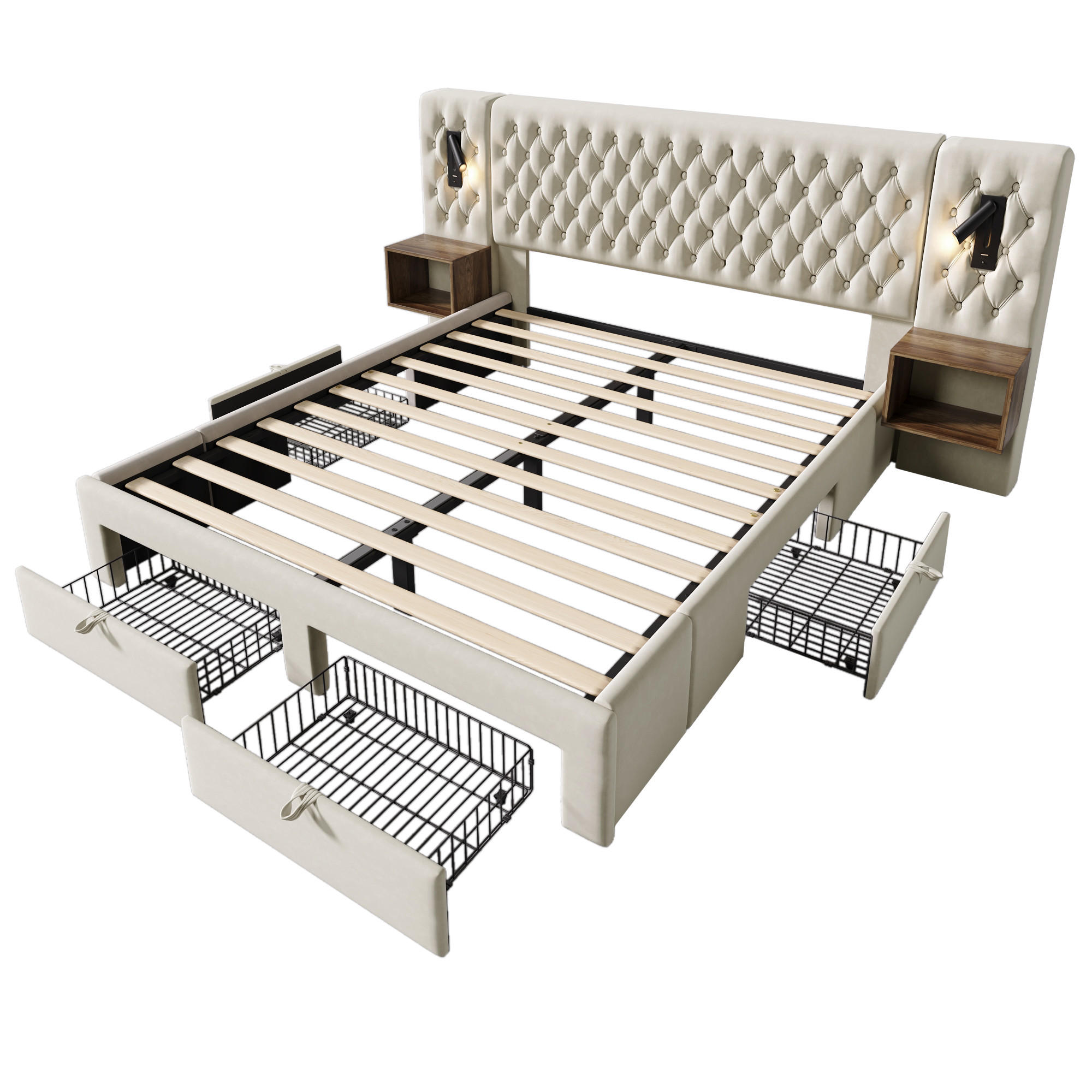 POLSTERBETT 160/200 cm DE-00759, in Beige, 2 Nachttischen und 4 Schubladen - Beige, Metall (160/200cm) - ComfortXL