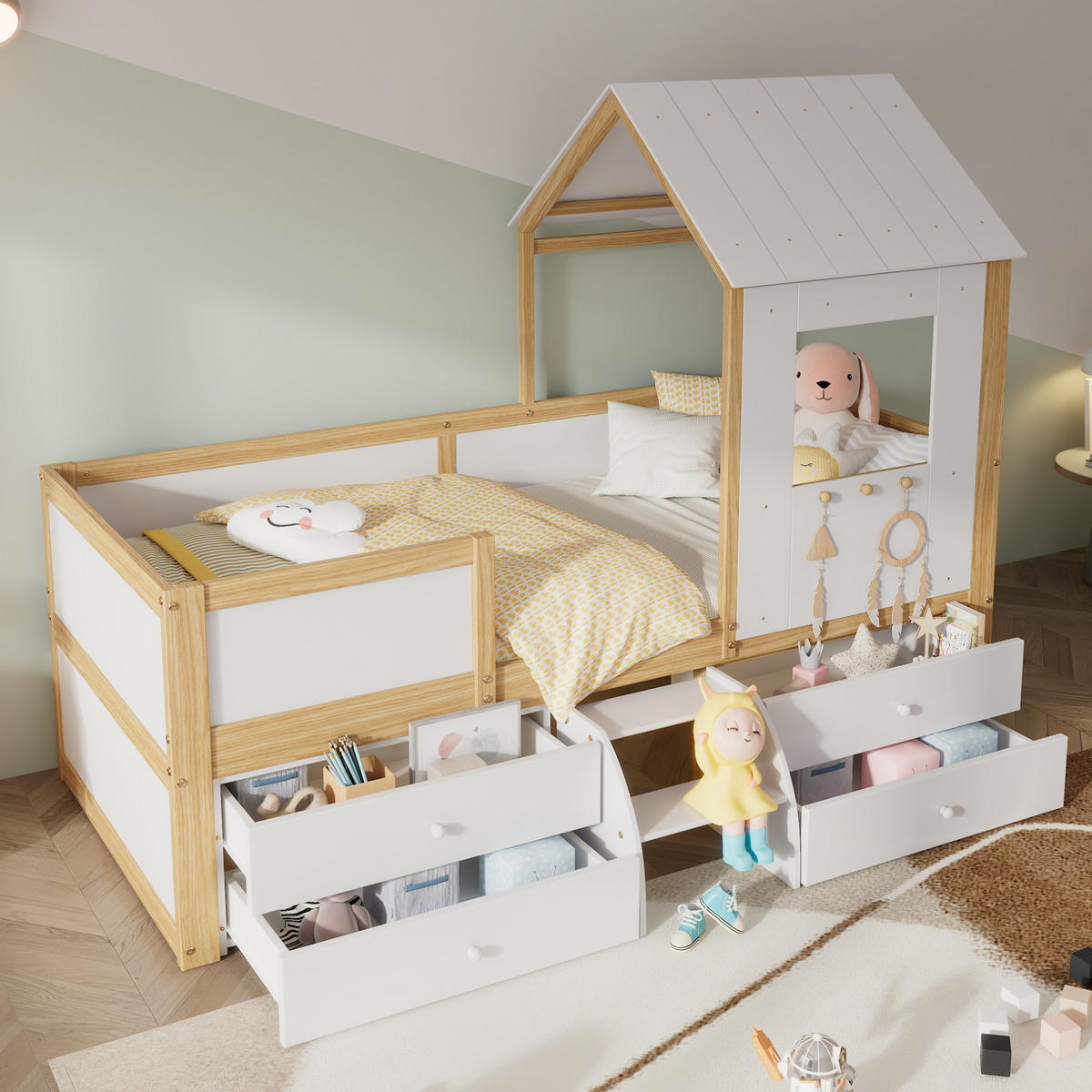 HAUSBETT 90/200 cm halbhoch mit 4 Schubladen und Treppe in Weiß/Natur - Weiß, Holzwerkstoff (90/200cm) - Flora Grace