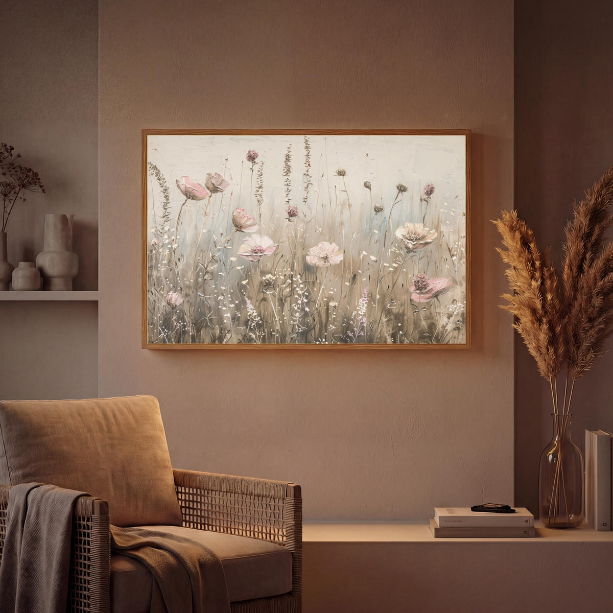 NÁSTĚNNÁ LAMPA S AKUMULÁTOREM Květiny - růžová - moderní - béžová 100x70 cm - starorůžová, kompozitní dřevo (100/70/8cm) - OnlyWow