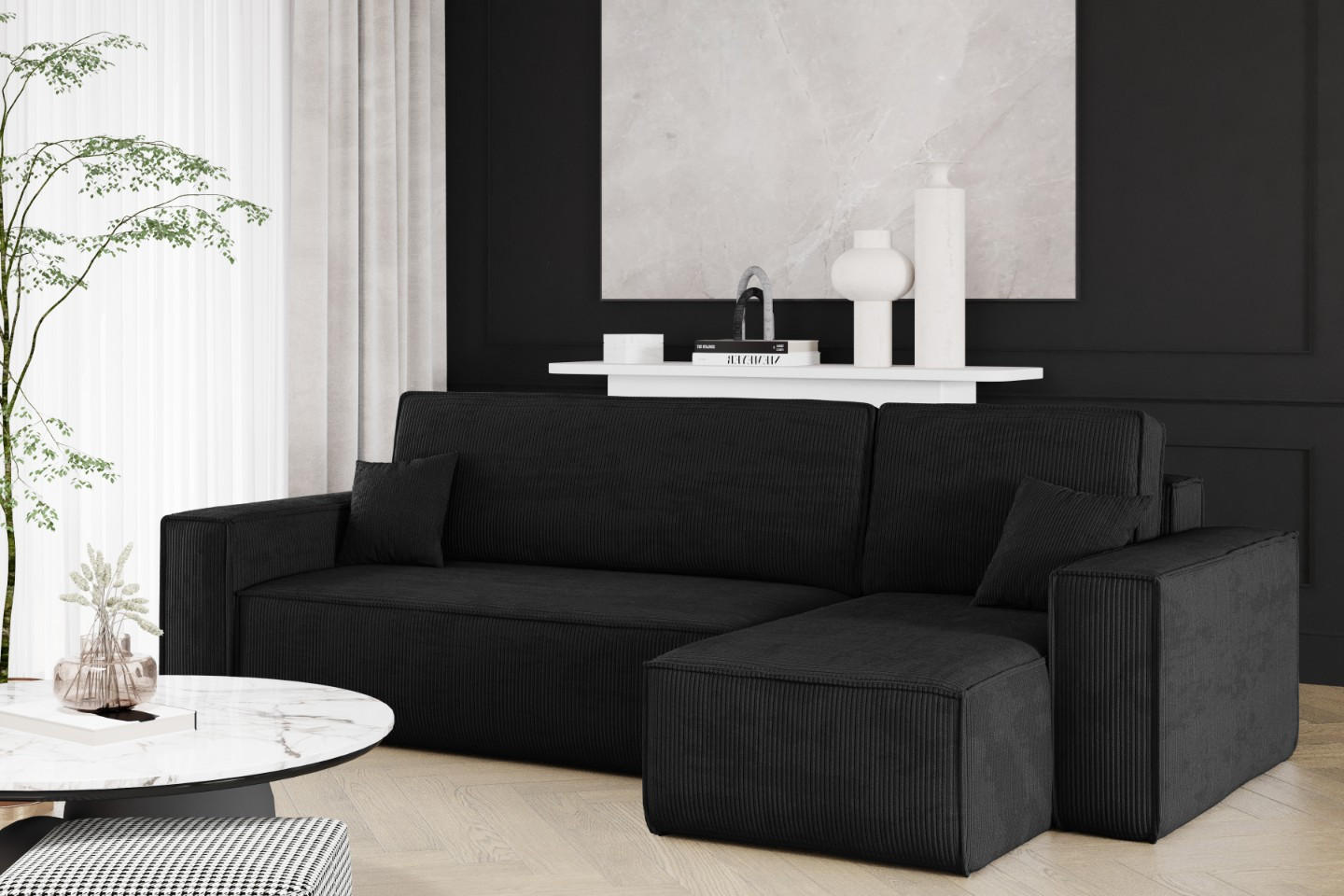 ECKSOFA Mit Schlaffunktion Und Bettkasten BEST Stoff Poso Dicker Cord Schwarz Rechts - Schwarz, Holz/Textil (244/142cm) - Kaiser Möbel