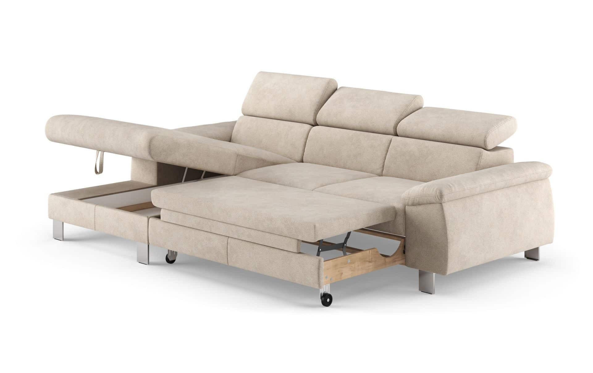 ECKSOFA mit Schlaffunktion und Bettkasten - Chromfarben/Beige, Holz/Textil (244/166cm) - Cotta