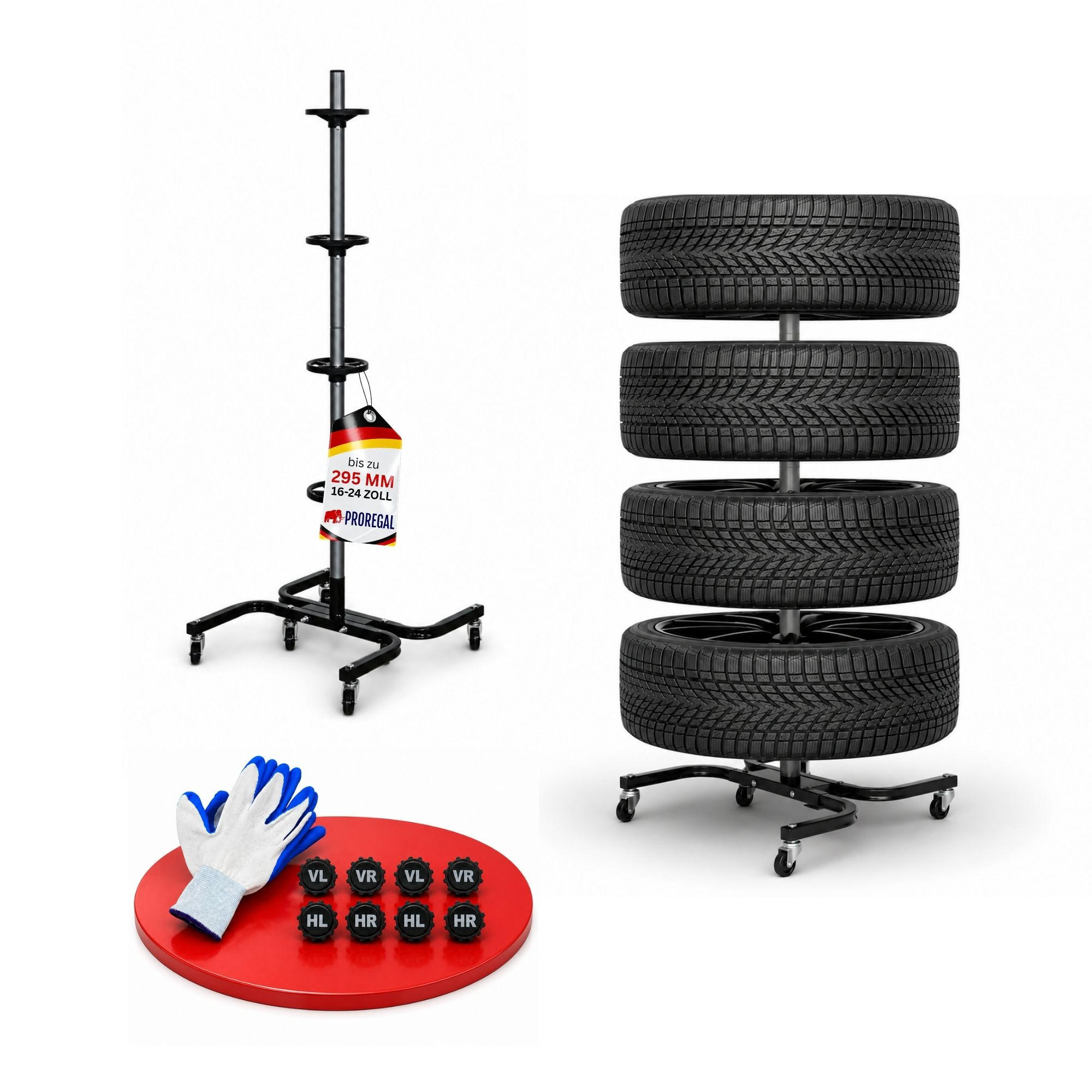 PROREGAL Fahrbarer Felgenbaum CARRERO XL für 4 Autoreifen bis 295 mm 118x85x58cm - Schwarz, Metall (85/118/58cm) - PROREGAL