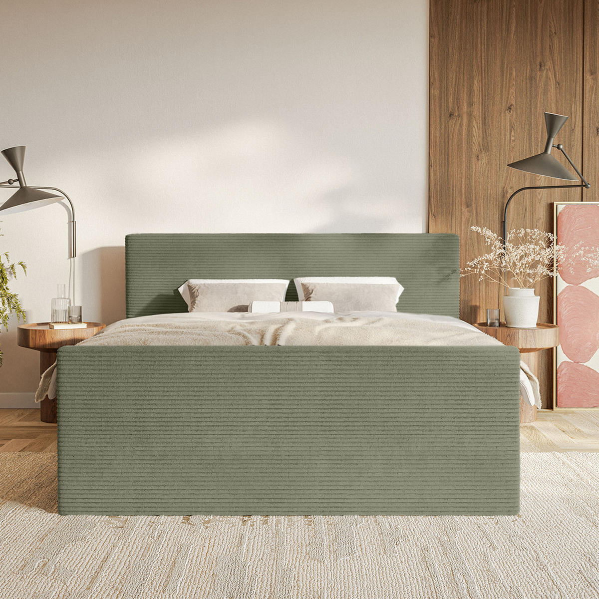 BOXSPRINGBETT Velipoja Cord 140x200 cm, Olive - Olivgrün, Textil (140/200cm) - Fedve
