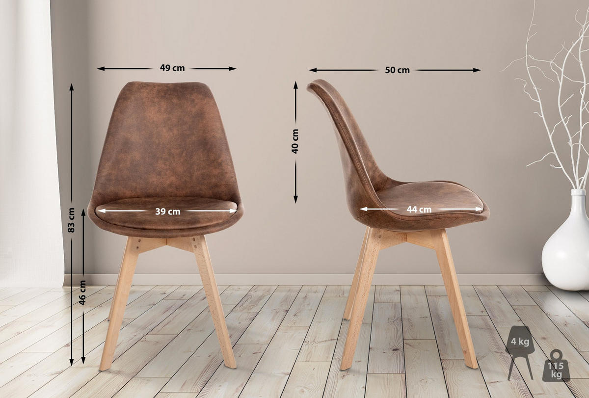 STUHL Lederlook braun - Eukalyptusholzfarben/Braun, Holz/Textil (49/83/50cm) - CLP
