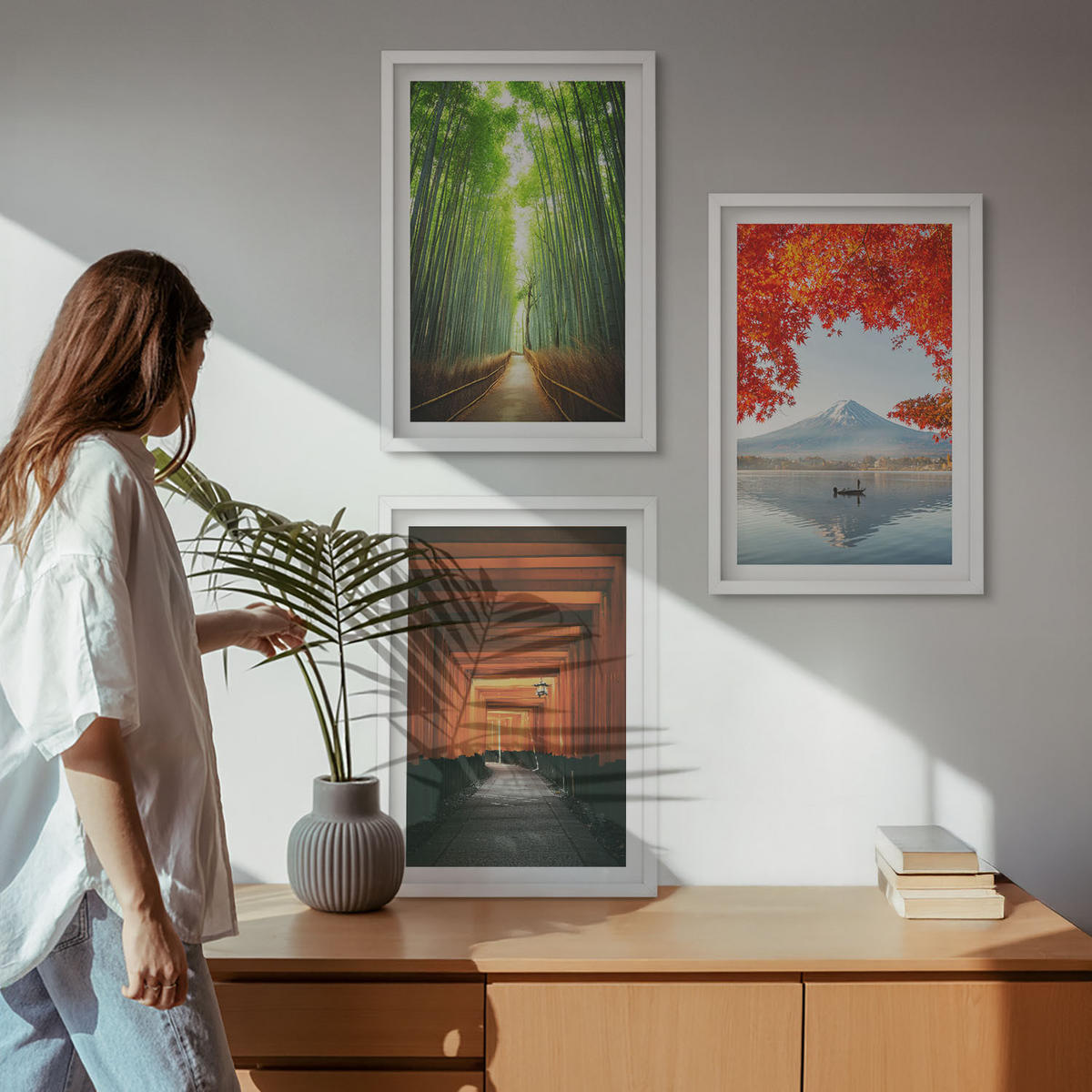 WANDBILDER 3er-Set - 40x60 cm Weißer Rahmen - Fuji-Bambuswaldlandschaft - Weiß, Kunststoff (40/60cm) - ArtPrintCave