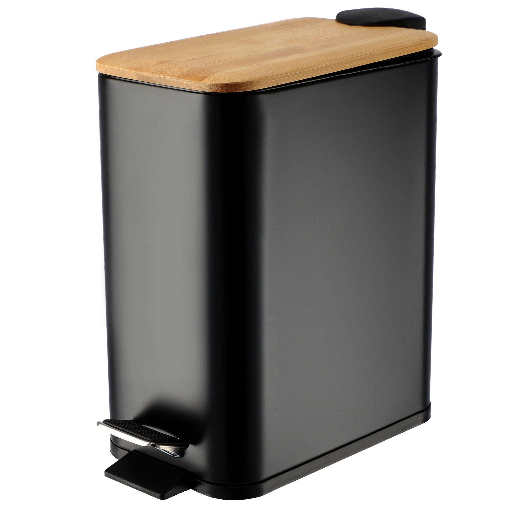 ABFALLBEHÄLTER mit Bambusabdeckung, 5L, schwarz - Schwarz, Metall (14/28cm) - KADAX