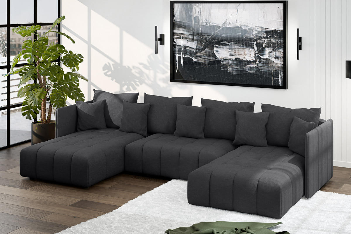 WOHNLANDSCHAFT Veliro U Dunkelgrau 353/180/83 cm mit Schlaffunktion und Bettkasten - Schwarz/Grau, Kunststoff/Textil (353/83/180cm) - AX Living