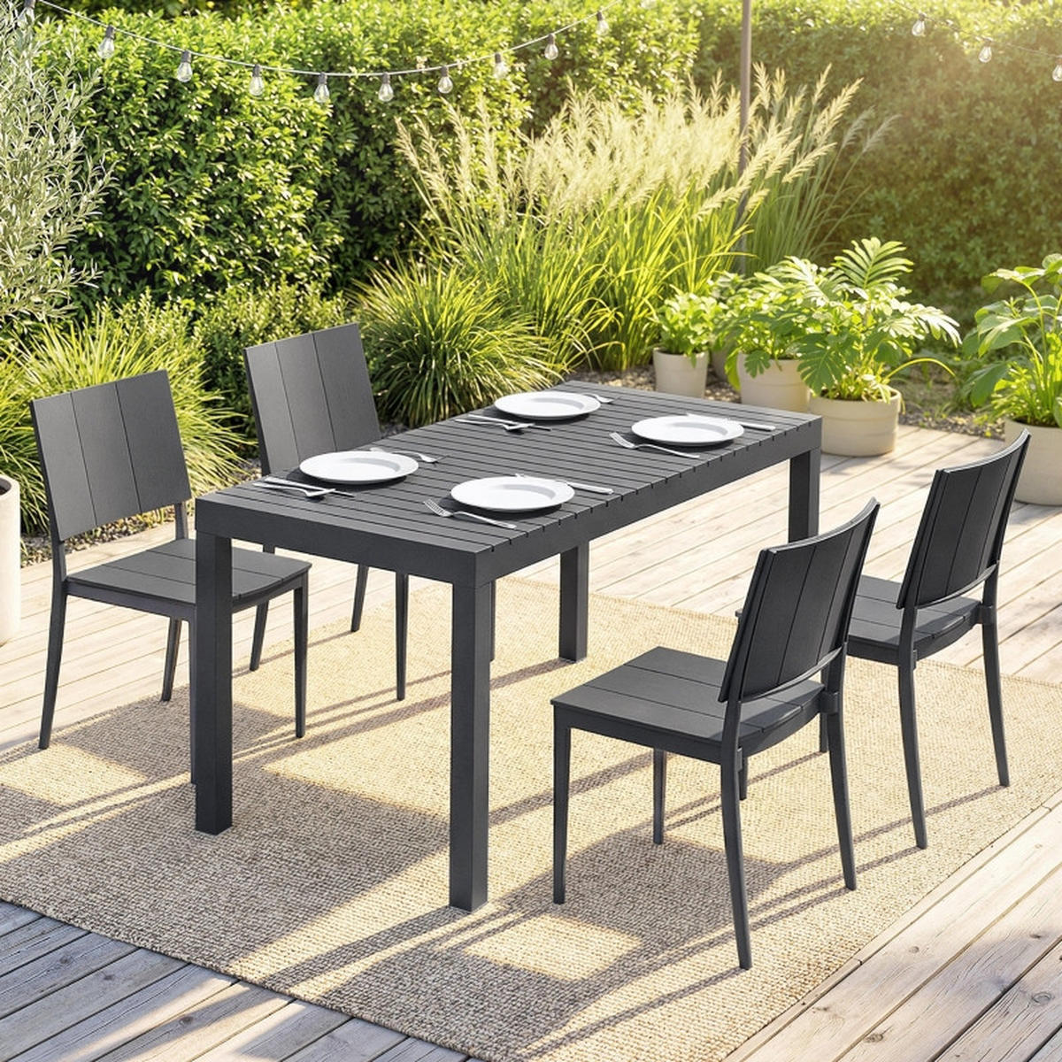 GARTENMÖBEL,BREITER Tisch+4 Stapelstühle,dunkelgrau - Grau, Metall - Vallsero