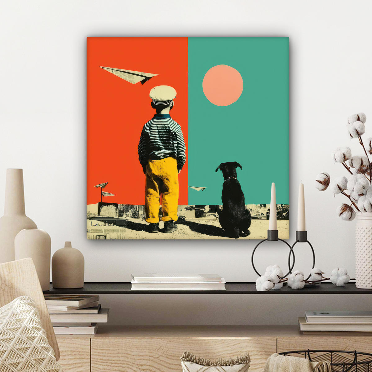 LEINWANDBILD Retro - Junge - Hund - Rot - Grün Wandbild Wohnzimmer 50x50 cm - Orange, Textil (50/50cm) - MuchoWow