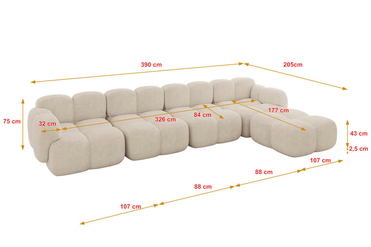 ECKSOFA modulares Sofa Rechts Miko-L3 390x205x75 Beige Velours - Ecru/Schwarz, Holzwerkstoff/Kunststoff (390/205cm) - ALTDECOR