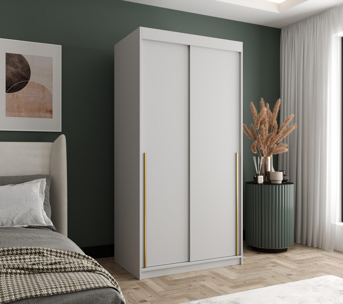 SCHWEBETÜRENSCHRANK 100 cm Breite, weiß mit Goldgriff - Goldfarben/Weiß, Holzwerkstoff (100/200/62cm) - Home Collective