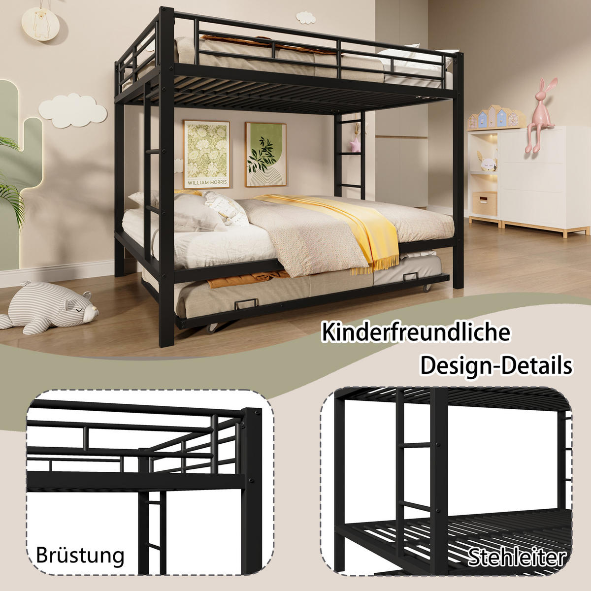 ETAGENBETT 140/200 cm aus Metall mit Ausziehbett und hohem Geländer Schwarz - Schwarz, Metall (140/200cm) - Modenvie