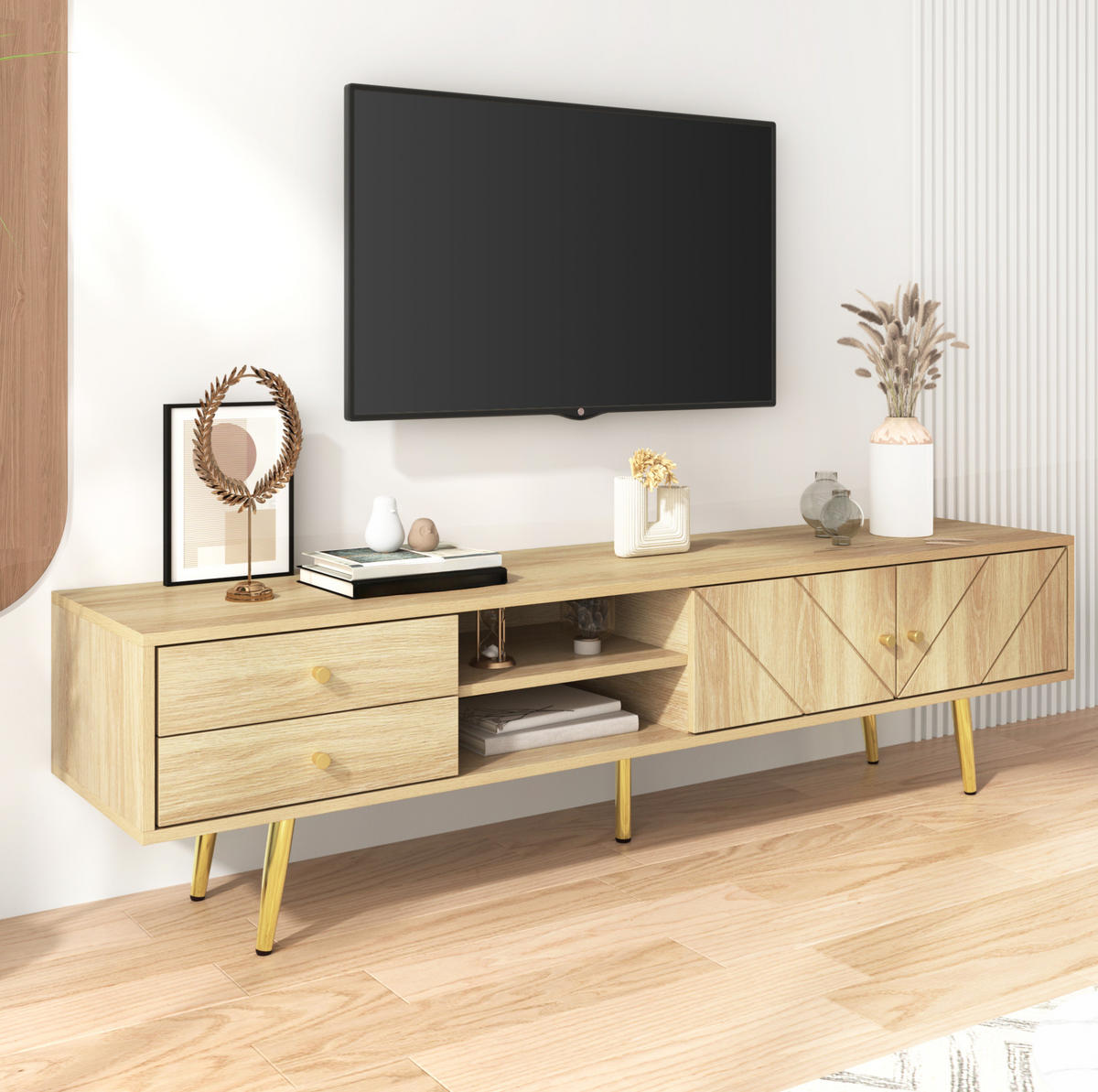 LOWBOARD 160/36/42 cm in Holzoptik mit 2 Schubladen und goldfarbenen Füßen - Braun, Holzwerkstoff (160/42/36cm) - Flora Grace
