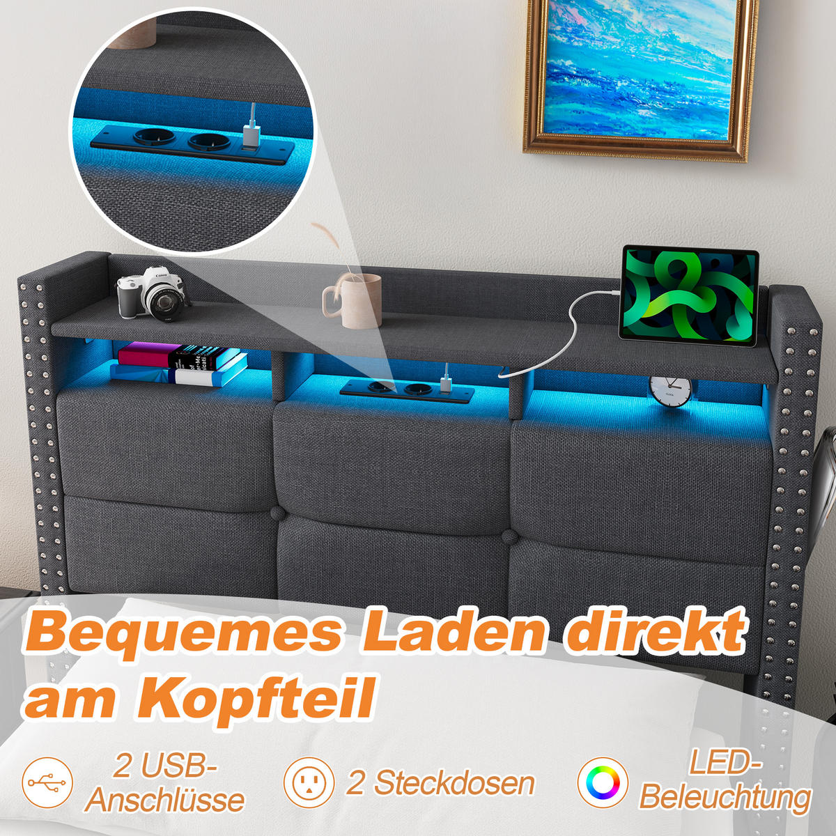 POLSTERBETT 90/200 cm dunkelgrau aus Leinenstoff mit hydraulischem Stauraumkopfteil LED und USB-Ladefunktion - Dunkelgrau, Textil (90/200cm) - OKWISH