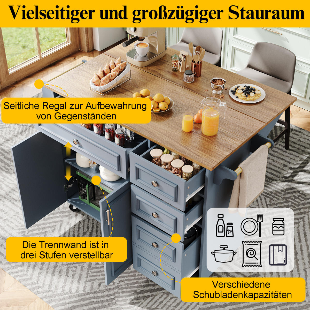 KÜCHENWAGEN 110x75x92cm Blau mit verstellbaren Fächern & Schubladen - Blau, Holzwerkstoff (110/92/75cm) - Modfu
