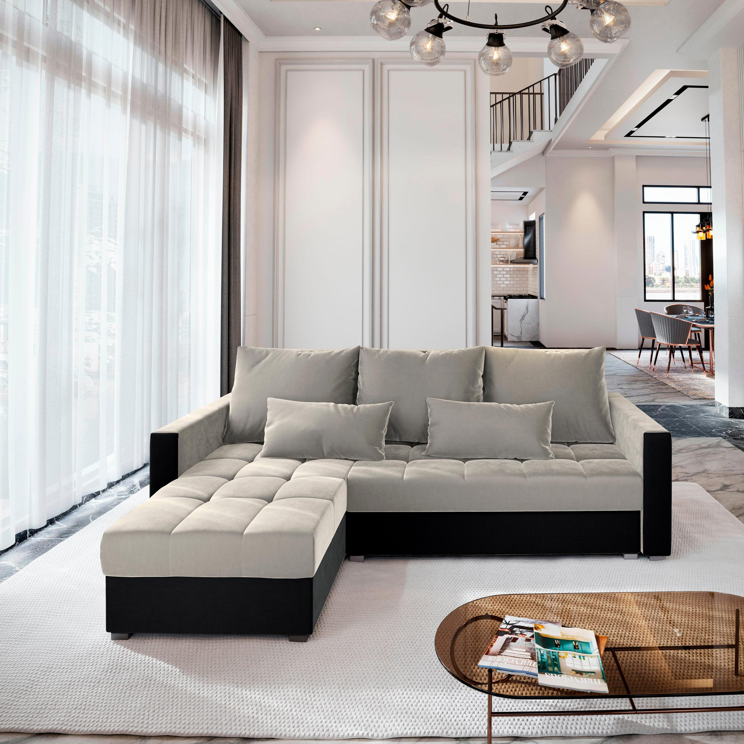 ECKSOFA KOS PIK Beige Plüsch-Stoff mit Schlaffunktion - Beige/Schwarz, Holz (220/140cm) - MASSENO