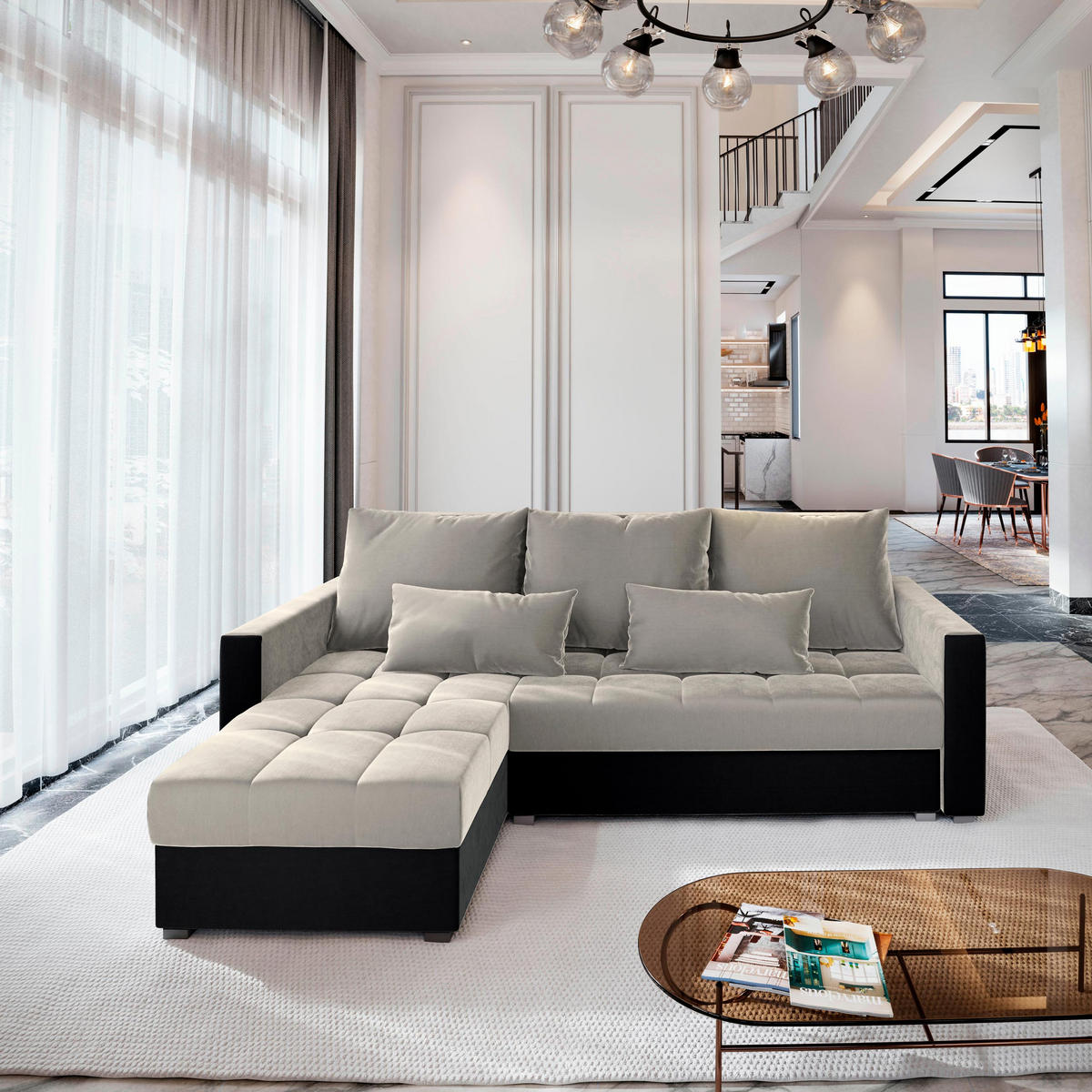 ECKSOFA KOS PIK Beige Plüsch-Stoff mit Schlaffunktion - Beige/Schwarz, Holz (220/140cm) - MASSENO